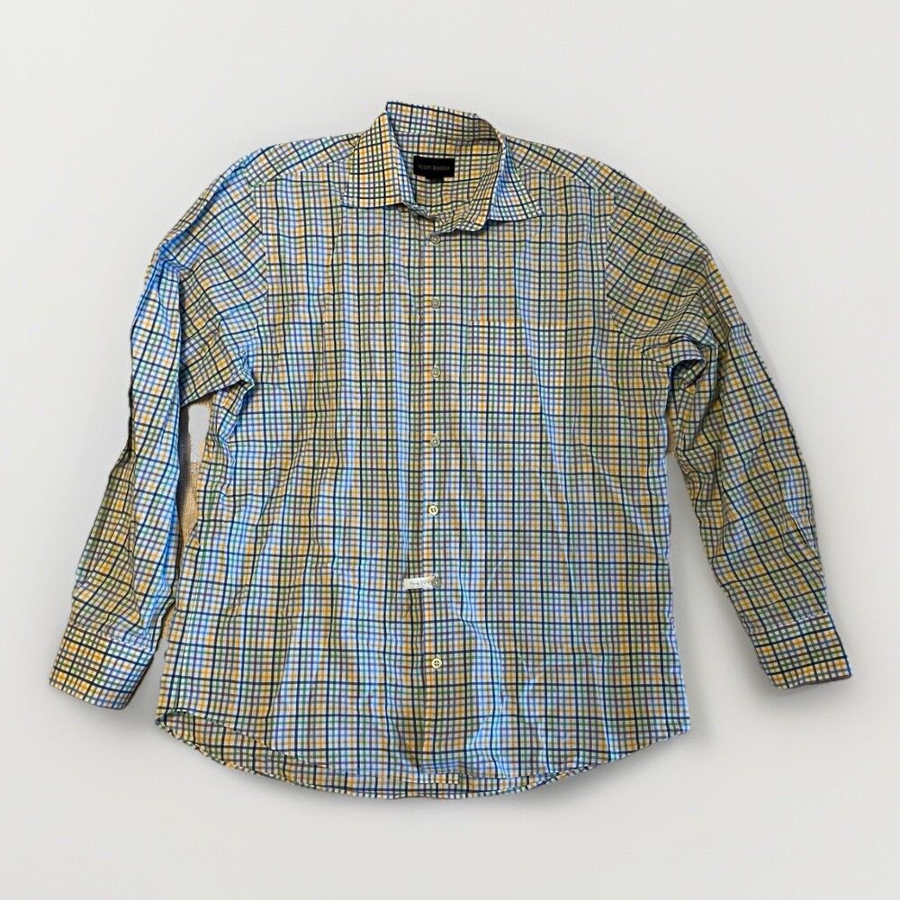 Scott Barber Oxford Shirt Men’s Large Grid Plaid Green Blue 100% Cotton